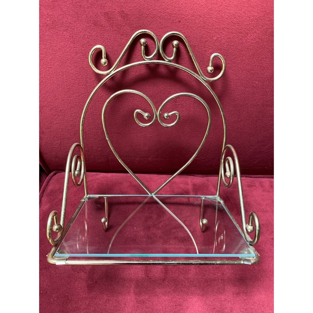 VTG HOMCO Hollywood Glam Brass Glass Shelf Lacquered Brass Heart Shelf 2 Hooks